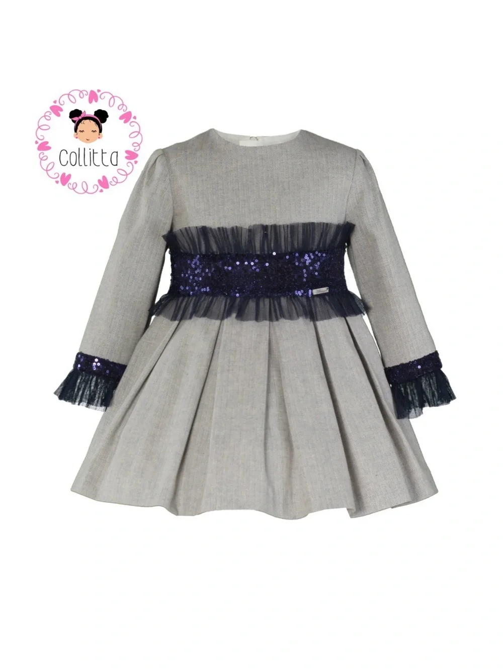 Collitta Gray Long-Sleeve Dress with Navy Sequin Waistband